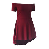 Maxbell Solid Off Shoulder Skater Dress High Low Dress Short Sleeves M Burgundy