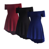 Maxbell Solid Off Shoulder Skater Dress High Low Dress Short Sleeves M Burgundy