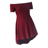 Maxbell Solid Off Shoulder Skater Dress High Low Dress Short Sleeves L Burgundy