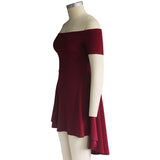 Maxbell Solid Off Shoulder Skater Dress High Low Dress Short Sleeves L Burgundy