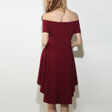 Maxbell Solid Off Shoulder Skater Dress High Low Dress Short Sleeves L Burgundy