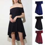 Maxbell Solid Off Shoulder Skater Dress High Low Dress Short Sleeves L Burgundy