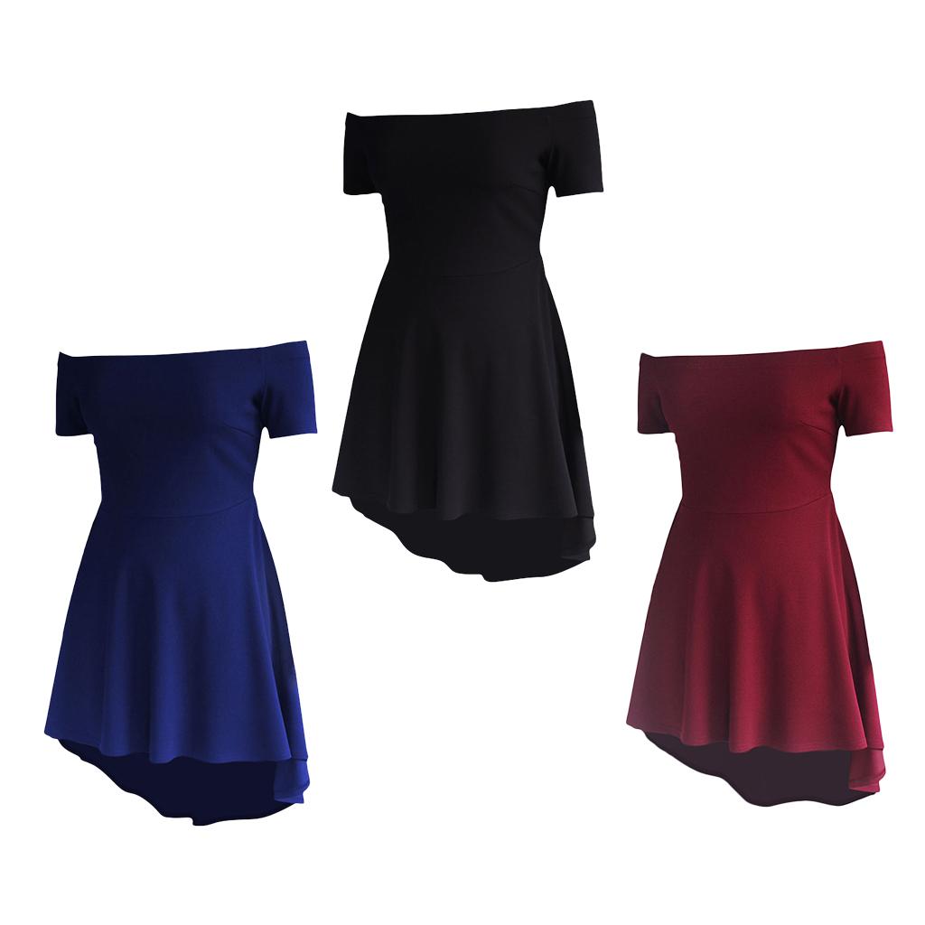Maxbell Solid Off Shoulder Skater Dress High Low Dress Short Sleeves XL Burgundy