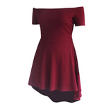 Maxbell Solid Off Shoulder Skater Dress High Low Dress Short Sleeves XL Burgundy