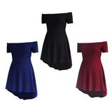 Maxbell Solid Off Shoulder Skater Dress High Low Dress Short Sleeves 2XL Burgundy