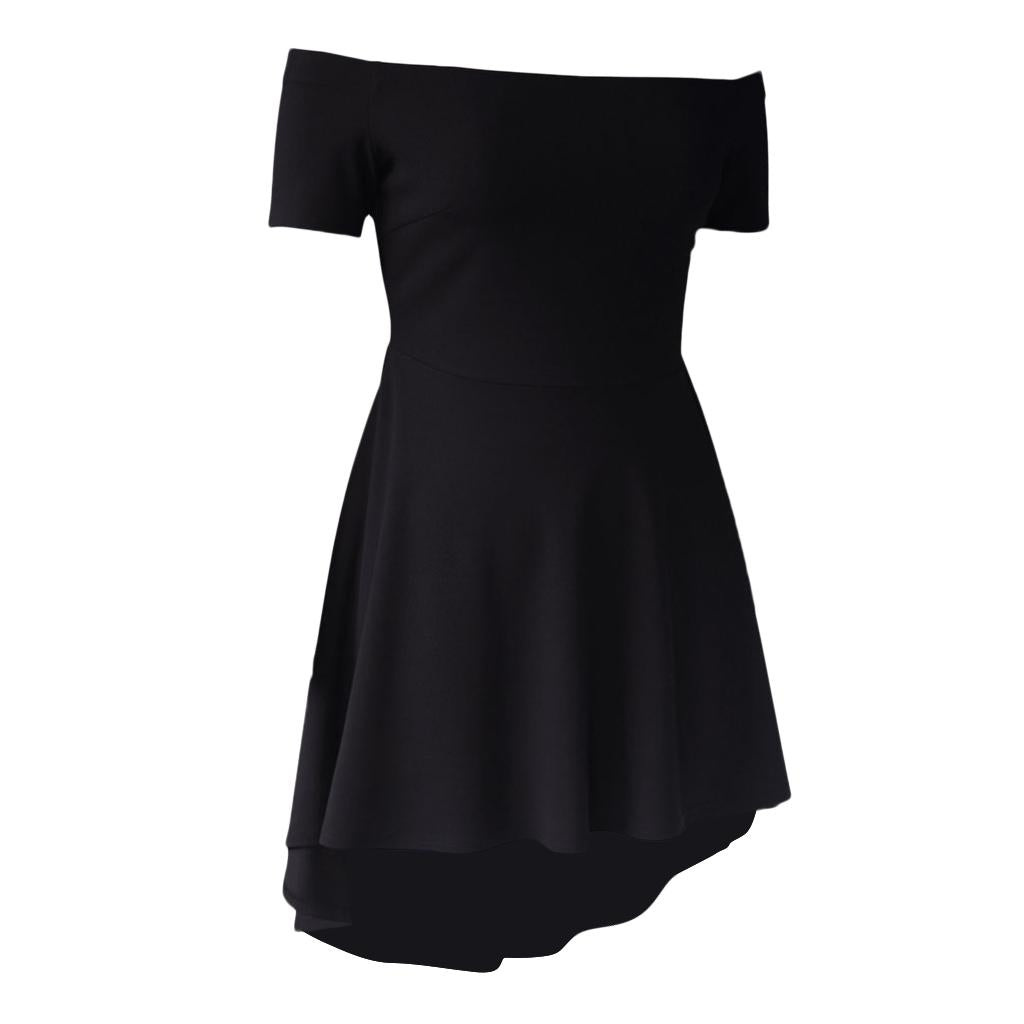 Maxbell Solid Off Shoulder Skater Dress High Low Dress Short Sleeves L Black