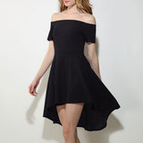 Maxbell Solid Off Shoulder Skater Dress High Low Dress Short Sleeves L Black