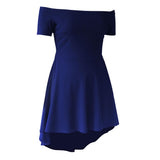 Solid Off Shoulder Skater Dress High Low Dress Short Sleeves M Royal Blue