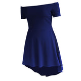 Maxbell Solid Off Shoulder Skater Dress High Low Dress Short Sleeves L Royal Blue