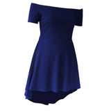 Maxbell Solid Off Shoulder Skater Dress High Low Dress Short Sleeves L Royal Blue
