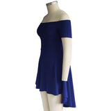 Maxbell Solid Off Shoulder Skater Dress High Low Dress Short Sleeves L Royal Blue