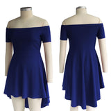 Maxbell Solid Off Shoulder Skater Dress High Low Dress Short Sleeves L Royal Blue