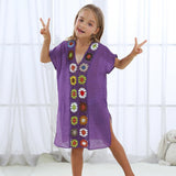 Maxbell Kids Girls Summer Swimwear Beach Coverup Crochet V Neck Loose Dress 80cm Purple