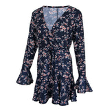 Maxbell Floral Tea Wrap Dress 3/4 Sleeves Deep V Neck Flare Midi Dress M Navy Blue