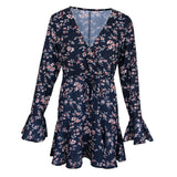 Maxbell Floral Tea Wrap Dress 3/4 Sleeves Deep V Neck Flare Midi Dress M Navy Blue