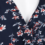 Maxbell Floral Tea Wrap Dress 3/4 Sleeves Deep V Neck Flare Midi Dress M Navy Blue