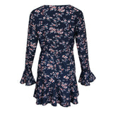 Floral Tea Wrap Dress 3/4 Sleeves Deep V Neck Flare Midi Dress L Navy Blue