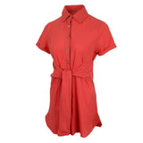 Maxbell Women Summer Short Sleeve Solid Button Down Shirt Midi Dress Top XL Red