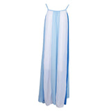 Women's Spaghetti Strap Striped Chiffon Beach Wear Long Maxi Dress Blue L