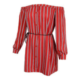 Maxbell Women's Summer Off Shoulder Long Sleeve Stripe Loose Short Dress Red S