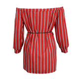 Maxbell Women's Summer Off Shoulder Long Sleeve Stripe Loose Short Dress Red L