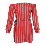 Maxbell Women's Summer Off Shoulder Long Sleeve Stripe Loose Short Dress Red L