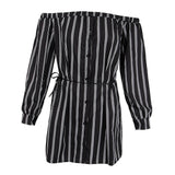 Maxbell Women's Summer Off Shoulder Long Sleeve Stripe Loose Short Dress Black M