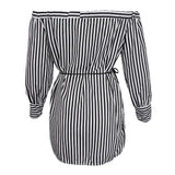 Maxbell Women's Summer Off Shoulder Long Sleeve Stripe Loose Short Dress White S