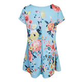 Women's Summer Short Sleeve Round Neck Floral Dress with Pocket Blue L