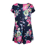 Women's Summer Short Sleeve Round Neck Floral Dress with Pocket Navy XL