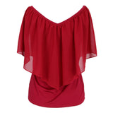 Maxbell Women's Cold Shoulder Ruffle Sleeve V Neck Chiffon T-Shirts Red M