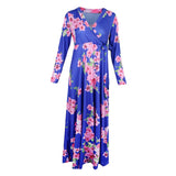 Women's Floral Maxi Dresses Long Sleeve V-Neck Beach Dress M Blue