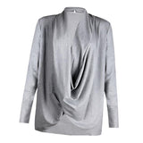 Women Long Sleeve Irregular Pile Collar Loose Pullover Shirt Gray M