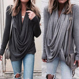 Maxbell Women Long Sleeve Irregular Pile Collar Loose Pullover Shirt Gray XL