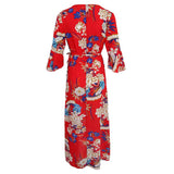 Women's Summer Beach Floral V Neck High Split Wrap Long Maxi Dress Red XL