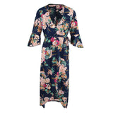 Maxbell Women's Summer Beach Floral V Neck High Split Wrap Long Maxi Dress Navy XL
