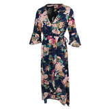 Maxbell Women's Summer Beach Floral V Neck High Split Wrap Long Maxi Dress Navy XL