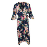 Maxbell Women's Summer Beach Floral V Neck High Split Wrap Long Maxi Dress Navy XL