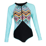 Geometric Long Sleeve Zip Front One Piece Swimsuit Bathing Surfing Wear S