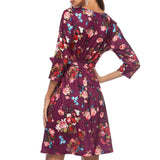 Women's Deep V Neck 3/4 Sleeve Floral Short Dress Wrap Midi Dress L Red