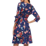 Women's Deep V Neck 3/4 Sleeve Floral Short Dress Wrap Midi Dress XL Blue