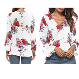 Maxbell Women's V-Neck Bell Sleeve Blouse Floral Print Wrap Front Top Shirt L White