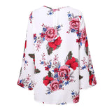 Maxbell Women's V-Neck Bell Sleeve Blouse Floral Print Wrap Front Top Shirt L White