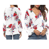 Maxbell Women's V-Neck Bell Sleeve Blouse Floral Print Wrap Front Top Shirt L White
