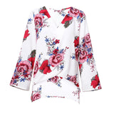 Maxbell Women's V-Neck Bell Sleeve Blouse Floral Print Wrap Front Top Shirt L White