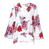 Maxbell Women's V-Neck Bell Sleeve Blouse Floral Print Wrap Front Top Shirt L White