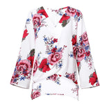 Maxbell Women's V-Neck Bell Sleeve Blouse Floral Print Wrap Front Top Shirt L White