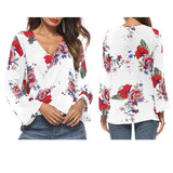 Maxbell Women's V-Neck Bell Sleeve Blouse Floral Print Wrap Front Top Shirt L White