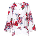 Maxbell Women's V-Neck Bell Sleeve Blouse Floral Print Wrap Front Top Shirt L White