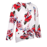 Maxbell Women's V-Neck Bell Sleeve Blouse Floral Print Wrap Front Top Shirt L White
